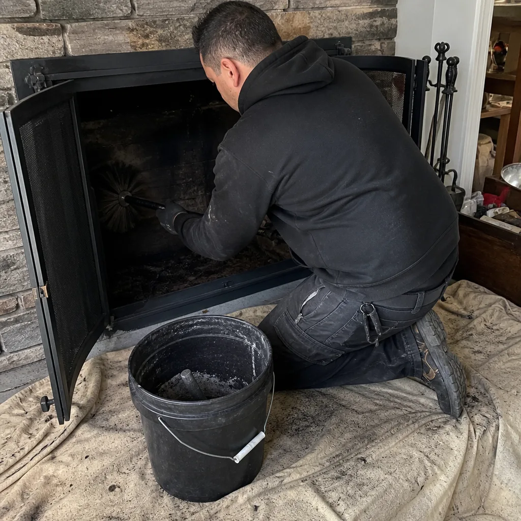 Professional chimney sweep cleaning soot from a residential fireplace interior
